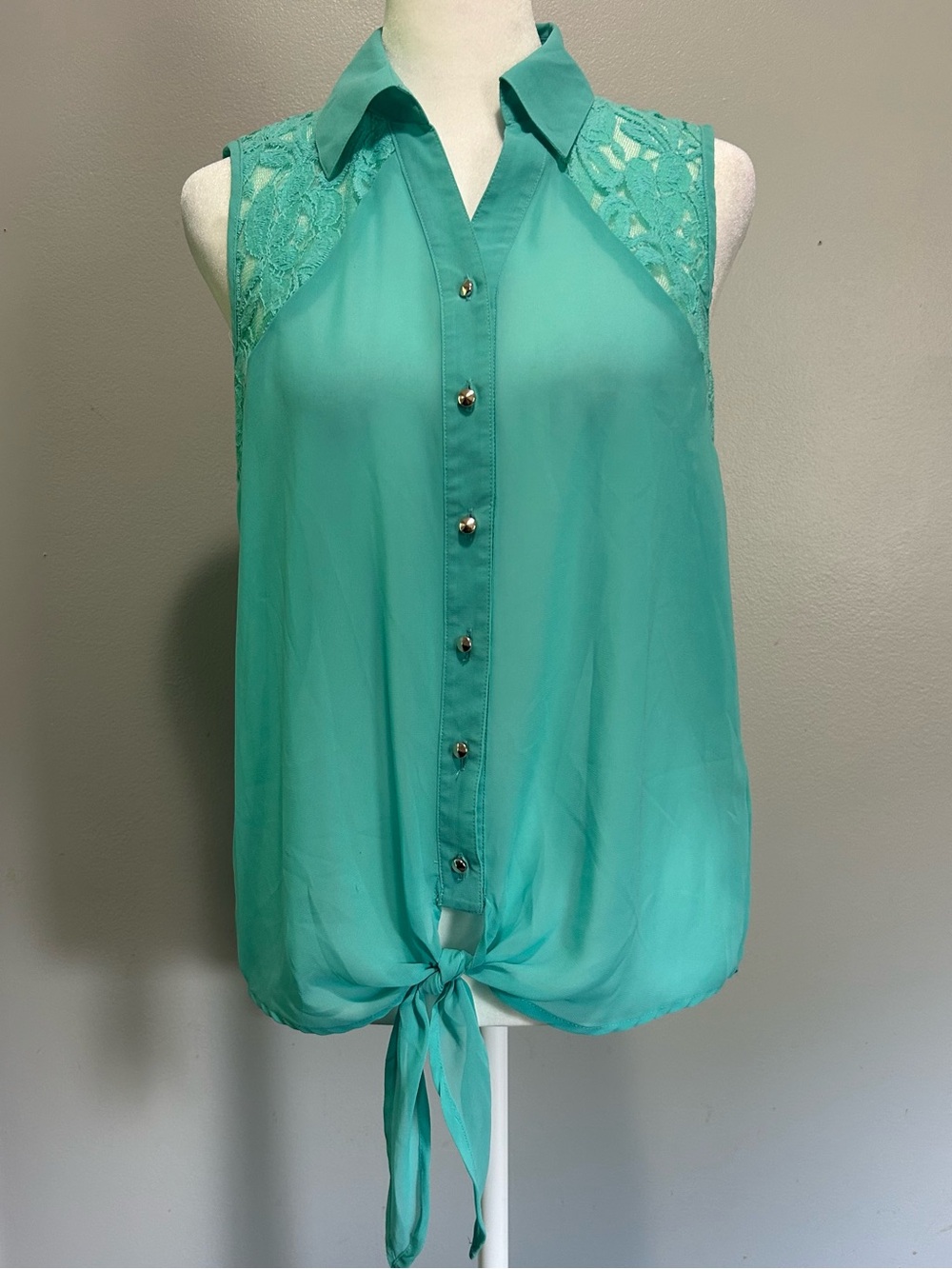 Pearl Sleeveless Sheer Blouse Lace-Yoke Button Front Keyhole Back Turquoise S